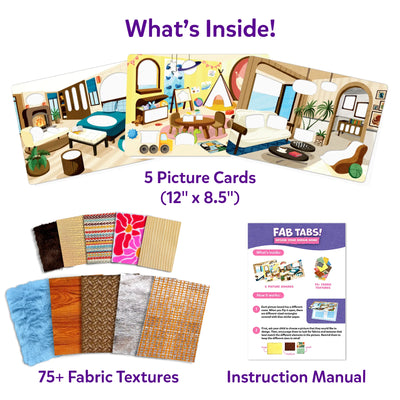 Contents of the Skillmatics Fab Tabs craft kit showing five large picture cards with room scenes, more than 75 fabric texture pieces in assorted colors and patterns, and an instruction manual. The image presents all components used to create tactile, peel-and-stick sensory fabric artwork.