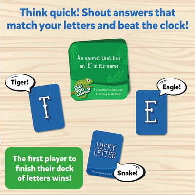Did You Know board game with category and letter cards, die, and timer for ages 6+