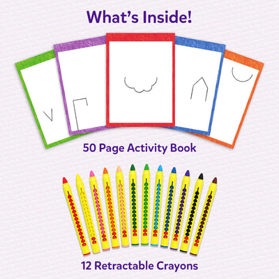 Contents overview of the Skillmatics Picture Sprouts kit. Five sample activity book pages with simple starter shapes are displayed in a fan arrangement above a row of 12 retractable crayons in assorted colors. Text highlights that the kit includes a 50-page activity book and 12 crayons.