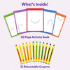 Contents overview of the Skillmatics Picture Sprouts kit. Five sample activity book pages with simple starter shapes are displayed in a fan arrangement above a row of 12 retractable crayons in assorted colors. Text highlights that the kit includes a 50-page activity book and 12 crayons.