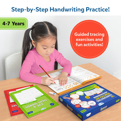 A young child sits at a table practicing handwriting while an adult guides her through a workbook from Skillmatics The Handwriting Practice Kit. The scene shows tracing exercises, pencils, and additional learning books nearby. Text highlights step-by-step handwriting practice for ages 4–7 and guided tracing activities that support early writing and fine-motor skills.c