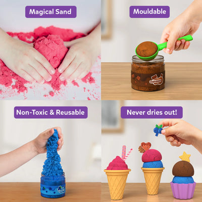 Colorful reusable kinetic sand for creative play and sensory fun in Sandeezy Ice Cream Parlour