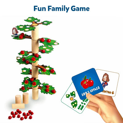 Children’s STEM game Newton’s Tree with wooden apple tree, red apple pieces, and cards