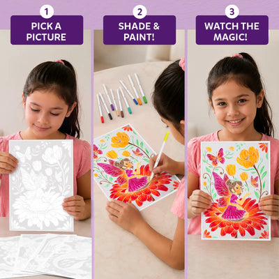 Three-step instructional layout for Skillmatics Paint-Over Art: step 1 pick a picture showing child holding outline sheet, step 2 shade and paint with markers on detailed unicorn and floral designs, step 3 reveals vibrant finished artwork under Watch the Magic heading.