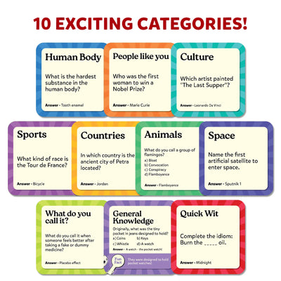Set of 10 trivia game categories with questions and answers for Dibs Exciting Trivia Card Game