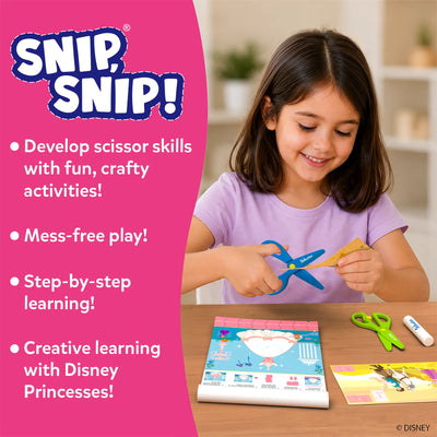 A young child seated at a table using blue child-safe scissors to cut along printed lines on a Disney Princess activity sheet. The image highlights mess-free, step-by-step learning with visible activity pages, spare scissors, and cut pieces on the table. Text alongside emphasizes developing scissor skills, creative learning, and structured practice for young children.