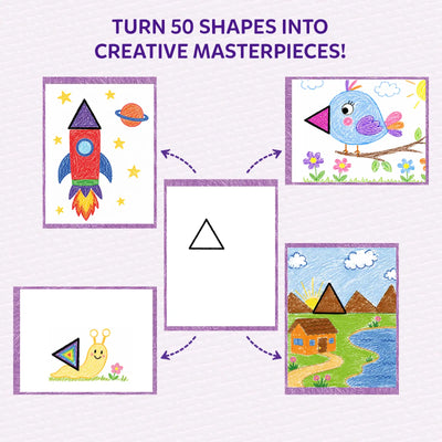 Contents overview of the Skillmatics Picture Sprouts kit. Five sample activity book pages with simple starter shapes are displayed in a fan arrangement above a row of 12 retractable crayons in assorted colors. Text highlights that the kit includes a 50-page activity book and 12 crayons.