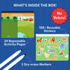 Educational activity set with reusable stickers, dry-erase markers, and activity pages for preschoolers