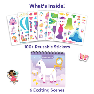 Skillmatics Peelies Unicorns and Princesses contents on a white background. Left shows an open spiral-bound book with the Sparkle and Style activity scene featuring a white unicorn on clouds with a golden vanity mirror and yellow stars. Label reads 6 Exciting Activities. Right shows corresponding sticker sheet with unicorn tails, cakes, wings, shoes, cupcake, and fairy cat stickers. Label reads 100 plus Reusable Stickers.