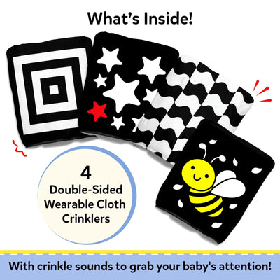 Product contents graphic for Skillmatics Sensory Crinklers showing “What’s Inside!” with four wearable double-sided cloth crinklers in a row. Designs include squares, wavy lines, waves, stars and a bee. Highlights “4 Double-Sided Wearable Cloth Crinklers” and crinkle sounds for baby attention.