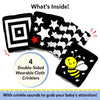 Product contents graphic for Skillmatics Sensory Crinklers showing “What’s Inside!” with four wearable double-sided cloth crinklers in a row. Designs include squares, wavy lines, waves, stars and a bee. Highlights “4 Double-Sided Wearable Cloth Crinklers” and crinkle sounds for baby attention.