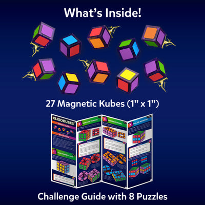 Contents of the Skillmatics Klixokubes set displayed against a blue background, showing 27 colorful magnetic cubes arranged above a folded challenge guide. The guide includes eight puzzle activities that use cube placement, color matching, and spatial reasoning skills.