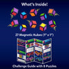 Contents of the Skillmatics Klixokubes set displayed against a blue background, showing 27 colorful magnetic cubes arranged above a folded challenge guide. The guide includes eight puzzle activities that use cube placement, color matching, and spatial reasoning skills.