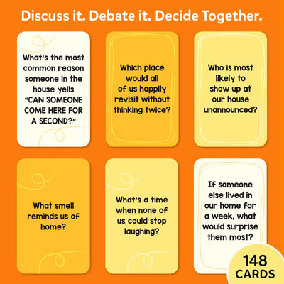Six Family Banter question cards displayed on an orange background. Cards show humorous family-themed prompts including: What's the most common reason someone yells CAN SOMEONE COME HERE FOR A SECOND, Which place would we all happily revisit, Who is most likely to show up unannounced, What smell reminds us of home, What's a time none of us could stop laughing, and If someone lived in our home for a week what would surprise them. Total of 148 cards shown.