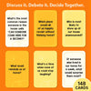 Six Family Banter question cards displayed on an orange background. Cards show humorous family-themed prompts including: What's the most common reason someone yells CAN SOMEONE COME HERE FOR A SECOND, Which place would we all happily revisit, Who is most likely to show up unannounced, What smell reminds us of home, What's a time none of us could stop laughing, and If someone lived in our home for a week what would surprise them. Total of 148 cards shown.