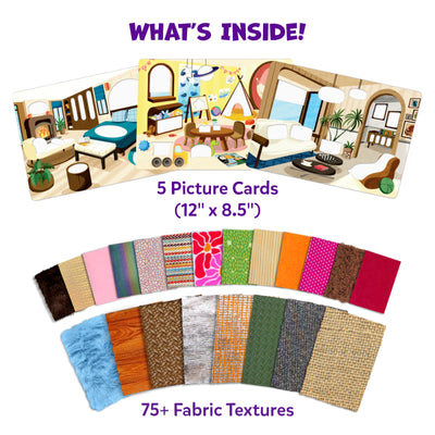 Contents of the Skillmatics Fab Tabs craft kit showing five large picture cards with room scenes, more than 75 fabric texture pieces in assorted colors and patterns, and an instruction manual. The image presents all components used to create tactile, peel-and-stick sensory fabric artwork.