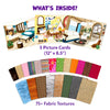 Contents of the Skillmatics Fab Tabs craft kit showing five large picture cards with room scenes, more than 75 fabric texture pieces in assorted colors and patterns, and an instruction manual. The image presents all components used to create tactile, peel-and-stick sensory fabric artwork.