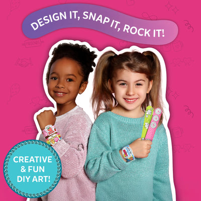 Two smiling young girls holding colorful customizable Snap Bandz slap bracelets for kids
