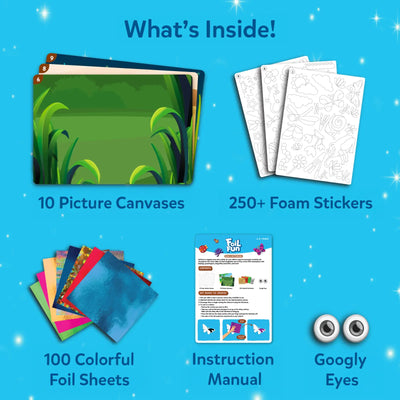 Craft kit with picture canvases foam stickers foil sheets instruction manual and googly eyes
