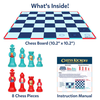 Product contents layout titled “What’s Inside!” showing a square chessboard measuring 10.2 by 10.2 inches, eight chess pieces in red and teal including king, rook, bishop, and pawn, and a printed instruction manual. Each component is clearly labeled, presenting a simplified chess setup designed for beginners with fewer pieces and easy-to-understand gameplay.