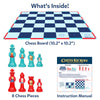 Product contents layout titled “What’s Inside!” showing a square chessboard measuring 10.2 by 10.2 inches, eight chess pieces in red and teal including king, rook, bishop, and pawn, and a printed instruction manual. Each component is clearly labeled, presenting a simplified chess setup designed for beginners with fewer pieces and easy-to-understand gameplay.