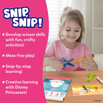 A young child seated at a table using blue child-safe scissors to cut along printed lines on a Disney Princess activity sheet. The image highlights mess-free, step-by-step learning with visible activity pages, spare scissors, and cut pieces on the table. Text alongside emphasizes developing scissor skills, creative learning, and structured practice for young children.