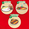 Skillmatics Aqua Puffs activity graphic showing three steps to create Christmas ornaments: 1 Colour the ornament design using markers, 2 Add water using the water pen, and 3 Watch the art grow into a raised 3D decoration. Displays a festive ornament transformation from flat design to textured hanging piece.