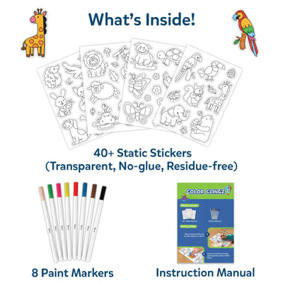 What’s Inside” layout displaying the contents of the Color Clingz Amazing Animals kit. Several black-and-white sticker sheets with outlined animal designs are spread out, showing lions, elephants, giraffes, birds, and butterflies. Below are eight paint markers in different colors and a printed instruction manual. Text highlights “40+ static stickers” that are transparent, glue-free, and residue-free.