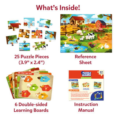 Contents of the Skillmatics Puzzle & Learn All About Farm Animals set showing 25 large puzzle pieces, a colorful farm reference sheet, 6 double-sided educational learning boards, and an instruction manual. The image clearly presents everything included inside the educational puzzle kit.
