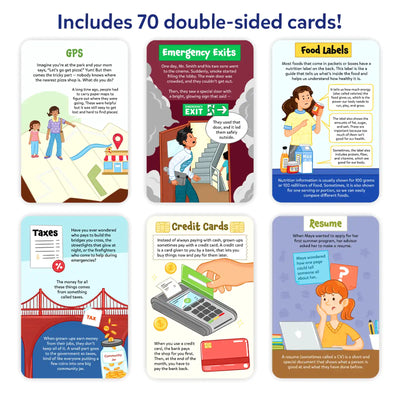 Display showing six example double-sided cards from the set under the heading “Includes 70 double-sided cards,” featuring topics such as GPS navigation, emergency exits, food labels, taxes, credit cards, and resumes. Each card uses friendly illustrations and short explanations to help children understand everyday systems and responsibilities.