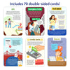 Display showing six example double-sided cards from the set under the heading “Includes 70 double-sided cards,” featuring topics such as GPS navigation, emergency exits, food labels, taxes, credit cards, and resumes. Each card uses friendly illustrations and short explanations to help children understand everyday systems and responsibilities.