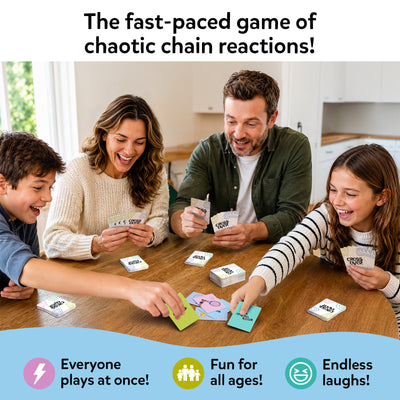 Family of four gathered around a table playing Skillmatics Cross Over. Parents and children hold cards and quickly place matching picture and category cards in the center. Text highlights the fast-paced chain-reaction gameplay with everyone playing simultaneously, making it fun for all ages and full of laughter.