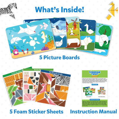 Tangram Twist Amazing Animals kids puzzle set with foam stickers and instruction manual
