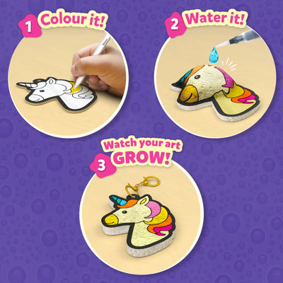DIY unicorn keychain craft kit with coloring and watering to grow 3D art for kids