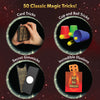 A showcase of four types of magic tricks included in the Skillmatics Classic Magic Kit. The image shows circular icons with images of a hand holding playing cards, a magician's cup with balls, a black box with a secret gimmick, and the ‘Red Hot Buttons’ trick. The design features golden stars surrounding each icon, giving a magical effect and highlighting the range of card tricks, cup and ball tricks, secret gimmicks, and incredible illusions.