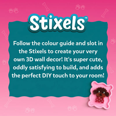 Branding panel for Skillmatics Stixels featuring a bold ‘Stixels’ logo on a pink background with a teal text box explaining: follow the color guide, slot Stixels to create a 3D wall décor that is cute and satisfying, with a small finished puppy example shown at bottom right.