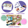 Three-step Skillmatics Fab Tabs activity guide showing a picture board opened to reveal sticker areas, fabric pieces being peeled and placed onto designated sections, and a completed room design. The visual explains selecting a scene, applying fabrics, and revealing the finished textured artwork.