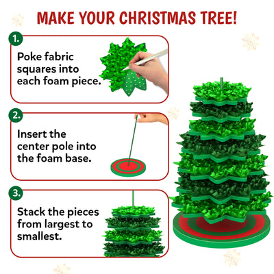 Skillmatics Poke-In Art Christmas Tree assembly guide showing three steps: poke fabric squares into each foam piece, insert the center pole into the foam base, and stack the foam pieces from largest to smallest. A completed layered green tree on a round base is shown beside the steps.