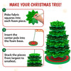 Skillmatics Poke-In Art Christmas Tree assembly guide showing three steps: poke fabric squares into each foam piece, insert the center pole into the foam base, and stack the foam pieces from largest to smallest. A completed layered green tree on a round base is shown beside the steps.