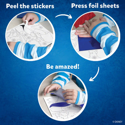 Child’s Foil Art Kit with Disney Frozen theme showing peeling stickers pressing foil and revealing design
