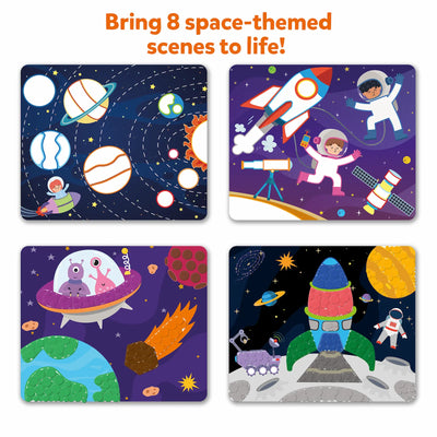 Four space-themed activity cards with planets rockets astronauts and aliens for kids ages 3-7