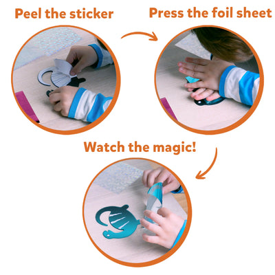 Instructions for children’s foil art activity from Foil Fun World Of Dinosaurs kit