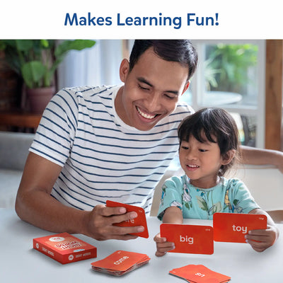Father and child learning with Flash Cards Sight Words for ages 4-9, smiling and engaged