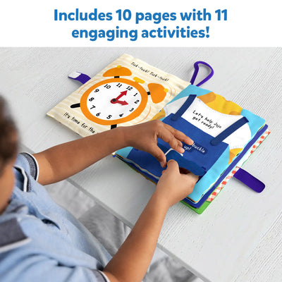 Colorful sensory activity book for children with interactive clock face and buckles