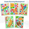 Collage of finished Paint-Over Art masterpieces displayed on white background, featuring vividly colored animals like parrot, sea turtle, leopard, butterflies and underwater scenes, showcasing bright marker fills, detailed patterns and tropical themed illustrations.