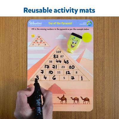 Reusable educational activity mat with pyramid number puzzle and marker for ages 6+