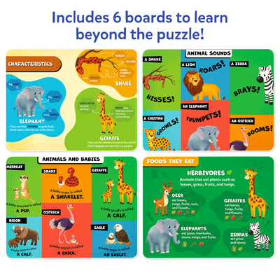 Four educational Skillmatics learning boards featuring wild animal characteristics, animal sounds, animal babies and foods they eat. The boards help children build animal knowledge, answer prompt questions and develop vocabulary through colorful illustrations and simple facts.