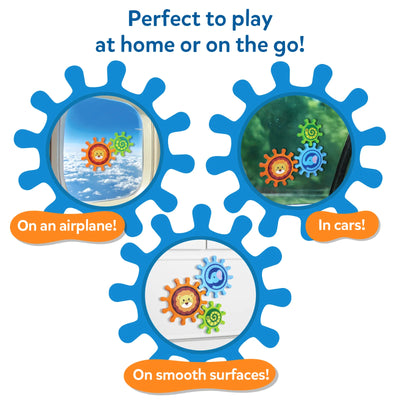 Skillmatics Spinny Gears Animal Fun shown in three play settings inside blue gear-shaped frames. Top-left shows lion and caterpillar gears on an airplane window, top-right shows lion and elephant gears on a car window, bottom-center shows three animal gears on a smooth white surface. Orange labels read "On an airplane!", "In cars!", and "On smooth surfaces!"