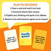 Skillmatics Family Banter how-to-play instructions on a yellow and orange background. A white speech bubble lists four steps: Draw a card and read it aloud, Everyone shares their answer, Explain your thinking and spark a fun debate, Banter it out until everyone agrees. Three cards shown below: one asking What's the fastest way to start a fight, a yellow Family Banter branded card back, and one asking If our family had a warning label what would it say. Header reads Play In Seconds.