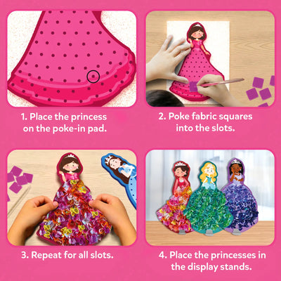 Instructions for a princess-themed fabric poking craft kit from Poke-in Art Magical Princesses for kids